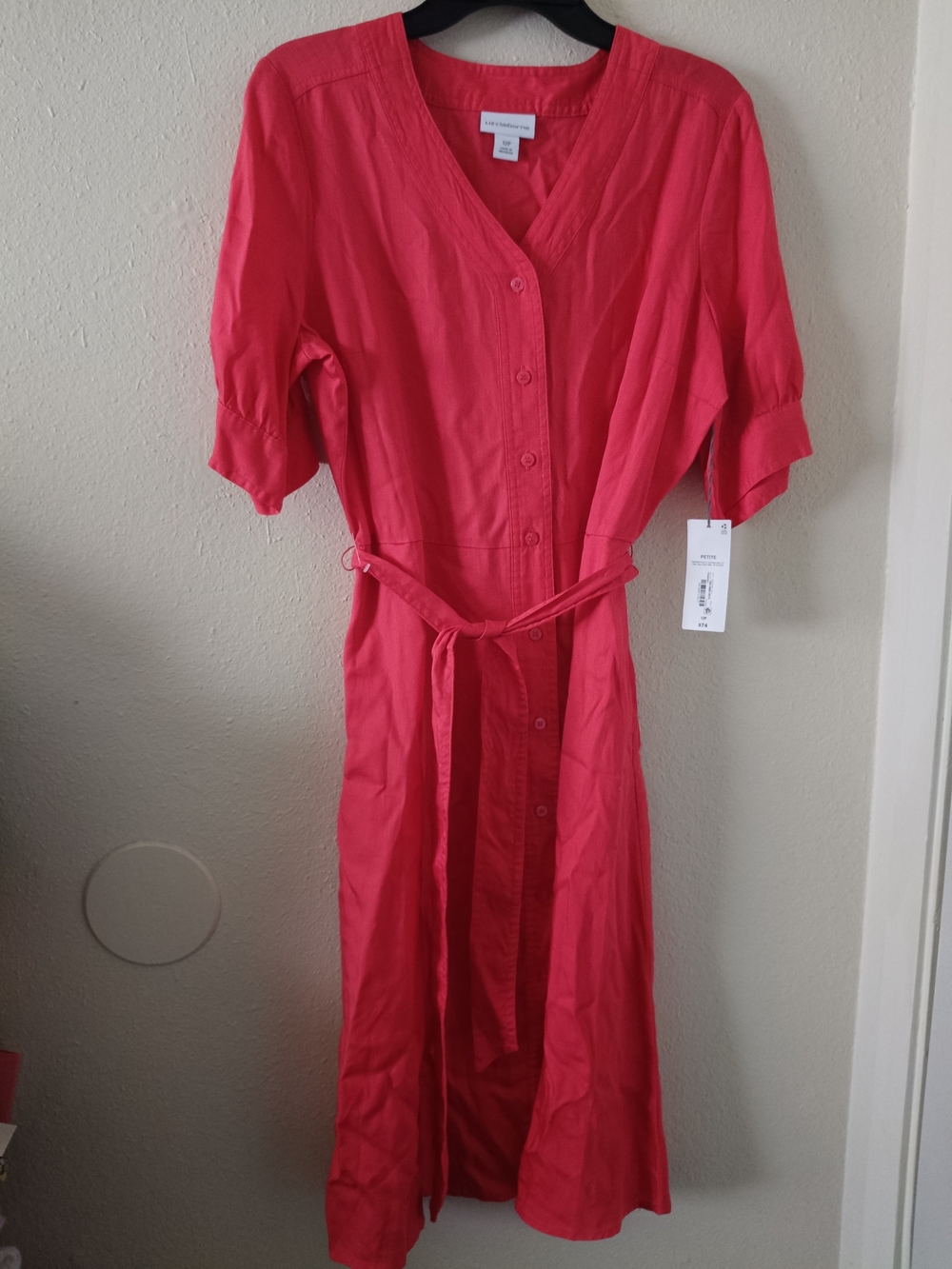 Liz Claiborne Coral-Red Button Midi Dress with Tie Waist